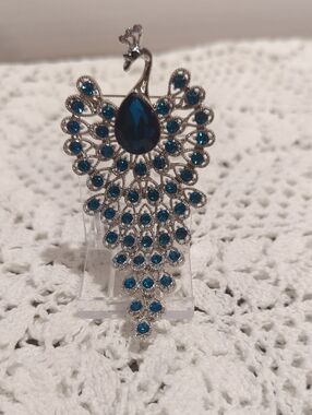Blue Rhinestone Articulated Peacock Brooch